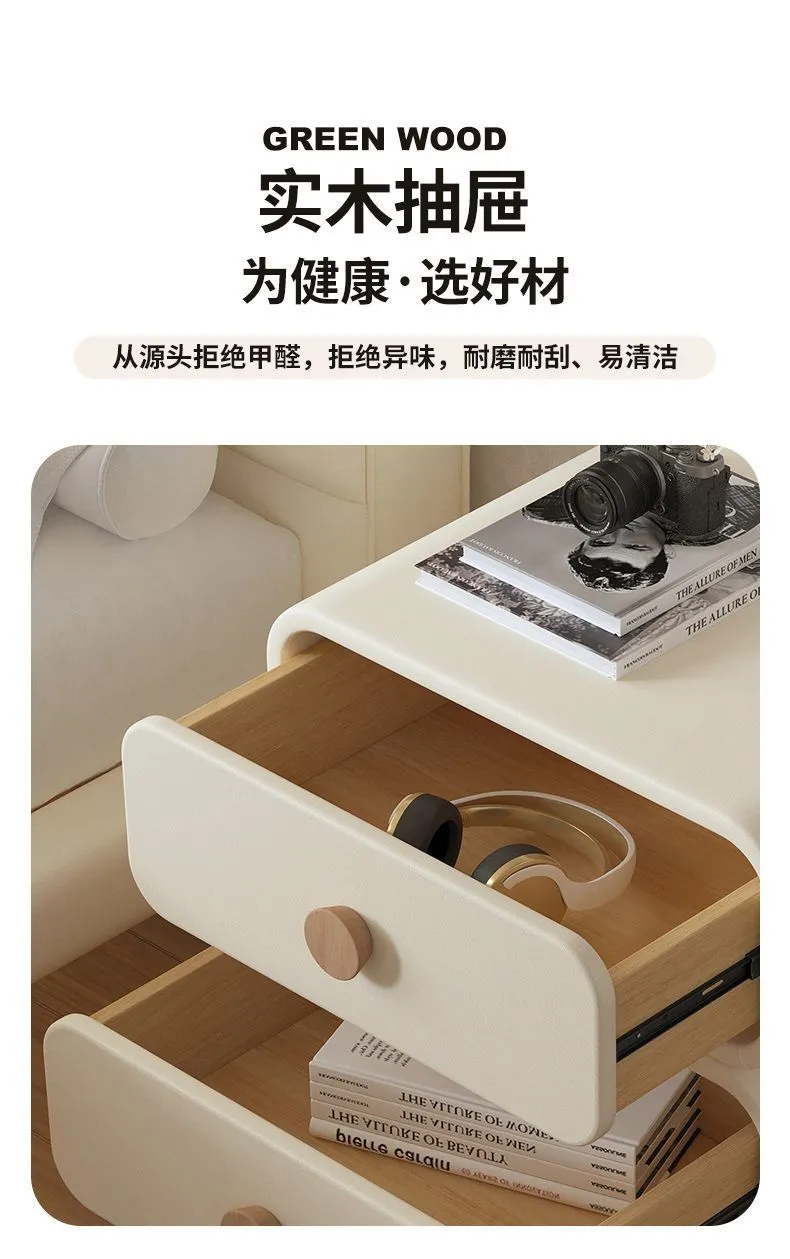 Modern Bedside Table Nightstand - Cream Leather Accent Cabinet with Solid Wood Frame - Simple, Installation-Free Style for Bedroom Storage showcase 9