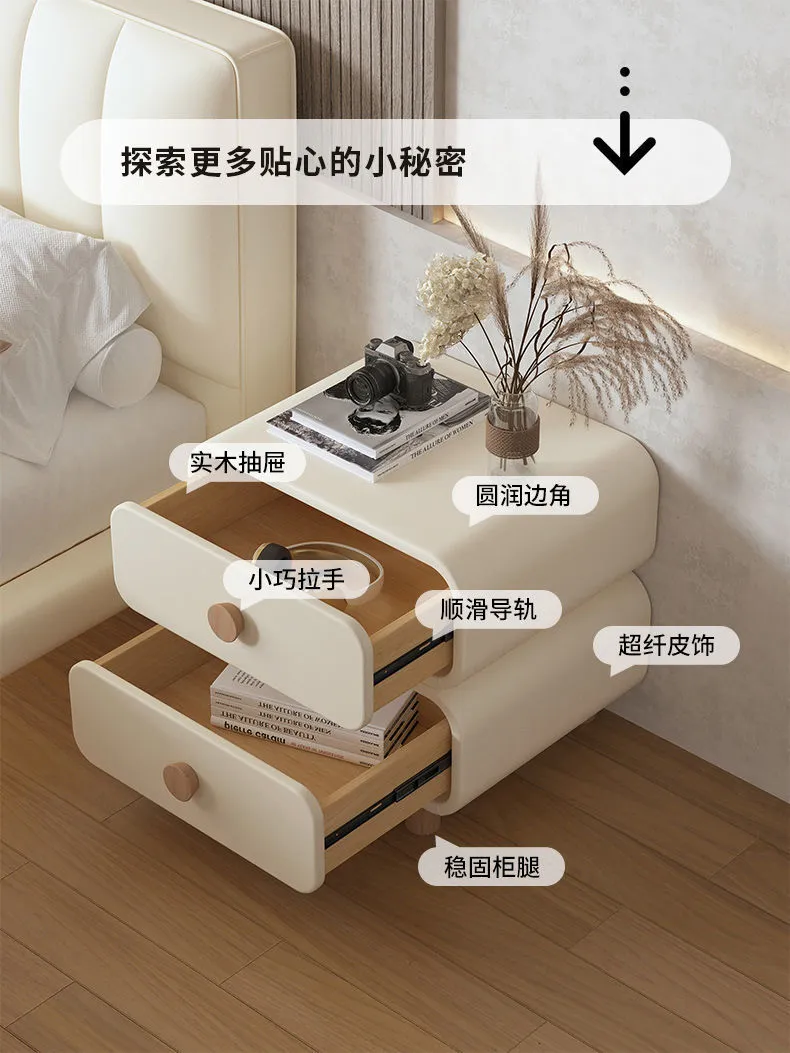 Modern Bedside Table Nightstand - Cream Leather Accent Cabinet with Solid Wood Frame - Simple, Installation-Free Style for Bedroom Storage showcase 5