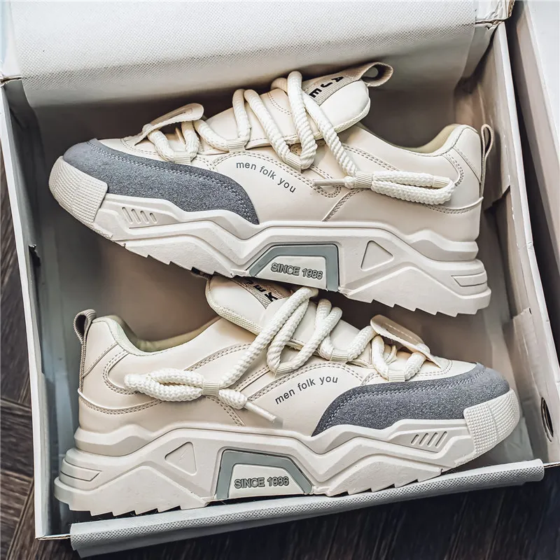 Men's Thick Sole White Casual Running Shoes - 2025 Spring Fashion Sneakers - Hong Kong Style Height Increasing Dad Shoes - Comfortable Sport Trbottomy thumbnail 1