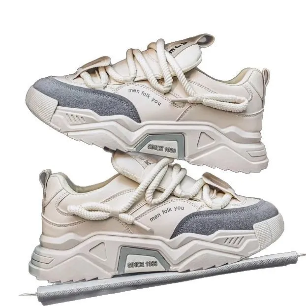 Men's Thick Sole White Casual Running Shoes - 2025 Spring Fashion Sneakers - Hong Kong Style Height Increasing Dad Shoes - Comfortable Sport Trbottomy thumbnail 5
