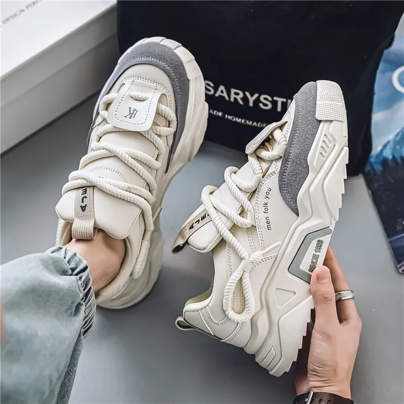 Men's Thick Sole White Casual Running Shoes - 2025 Spring Fashion Sneakers - Hong Kong Style Height Increasing Dad Shoes - Comfortable Sport Trbottomy thumbnail 4