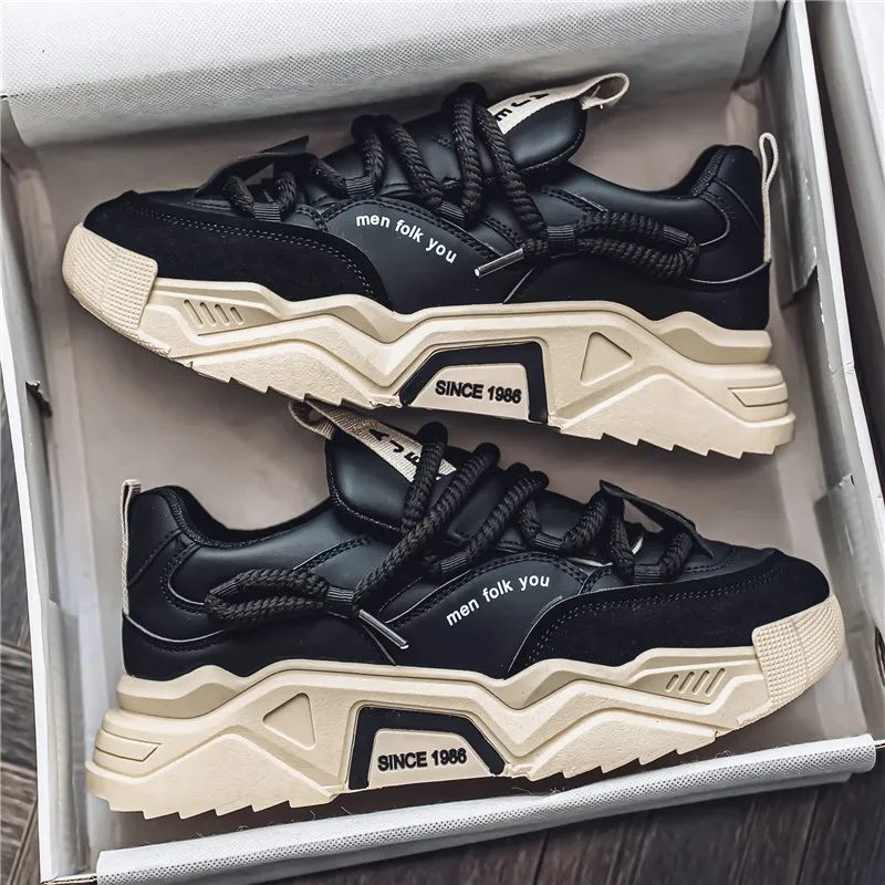 Men's Thick Sole White Casual Running Shoes - 2025 Spring Fashion Sneakers - Hong Kong Style Height Increasing Dad Shoes - Comfortable Sport Trbottomy thumbnail 2