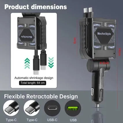 120W Car Charger with Retractable Cables, Dual Port Fast Charging Cigarette Lighter Adapter for Phones and Tablets - Mech Design thumbnail 3