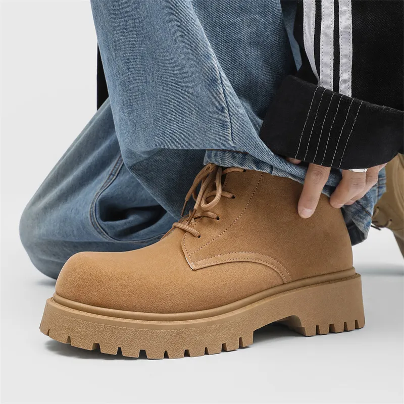 Men's High-Top Suede Derby Shoes - Autumn Fashion Work Boots with Thick Sole and Large Toe - Retro Trendy Yellow Boots thumbnail 3