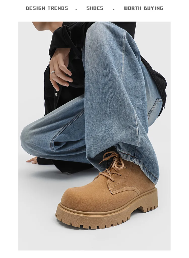 Men's High-Top Suede Derby Shoes - Autumn Fashion Work Boots with Thick Sole and Large Toe - Retro Trendy Yellow Boots showcase 3