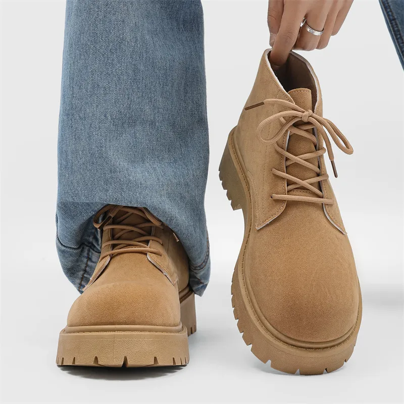 Men's High-Top Suede Derby Shoes - Autumn Fashion Work Boots with Thick Sole and Large Toe - Retro Trendy Yellow Boots thumbnail 6