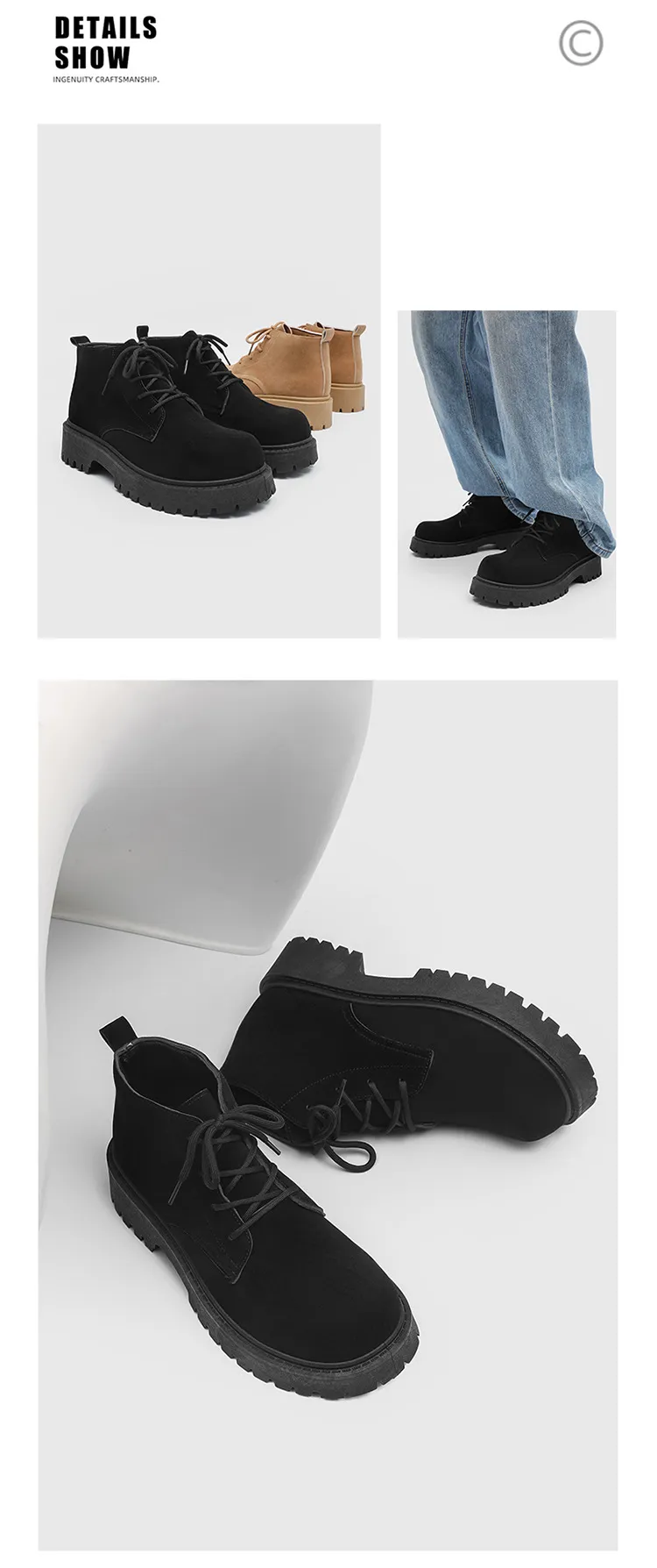 Men's High-Top Suede Derby Shoes - Autumn Fashion Work Boots with Thick Sole and Large Toe - Retro Trendy Yellow Boots showcase 8