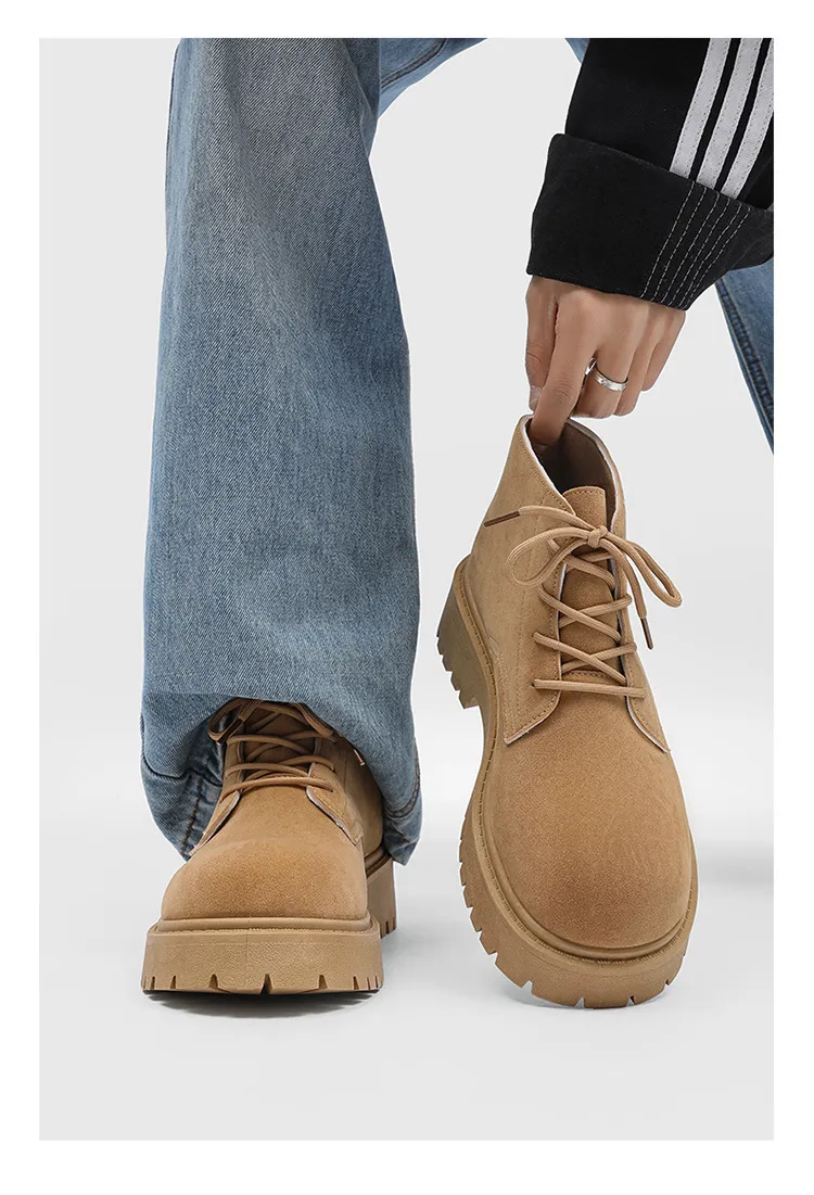 Men's High-Top Suede Derby Shoes - Autumn Fashion Work Boots with Thick Sole and Large Toe - Retro Trendy Yellow Boots showcase 15