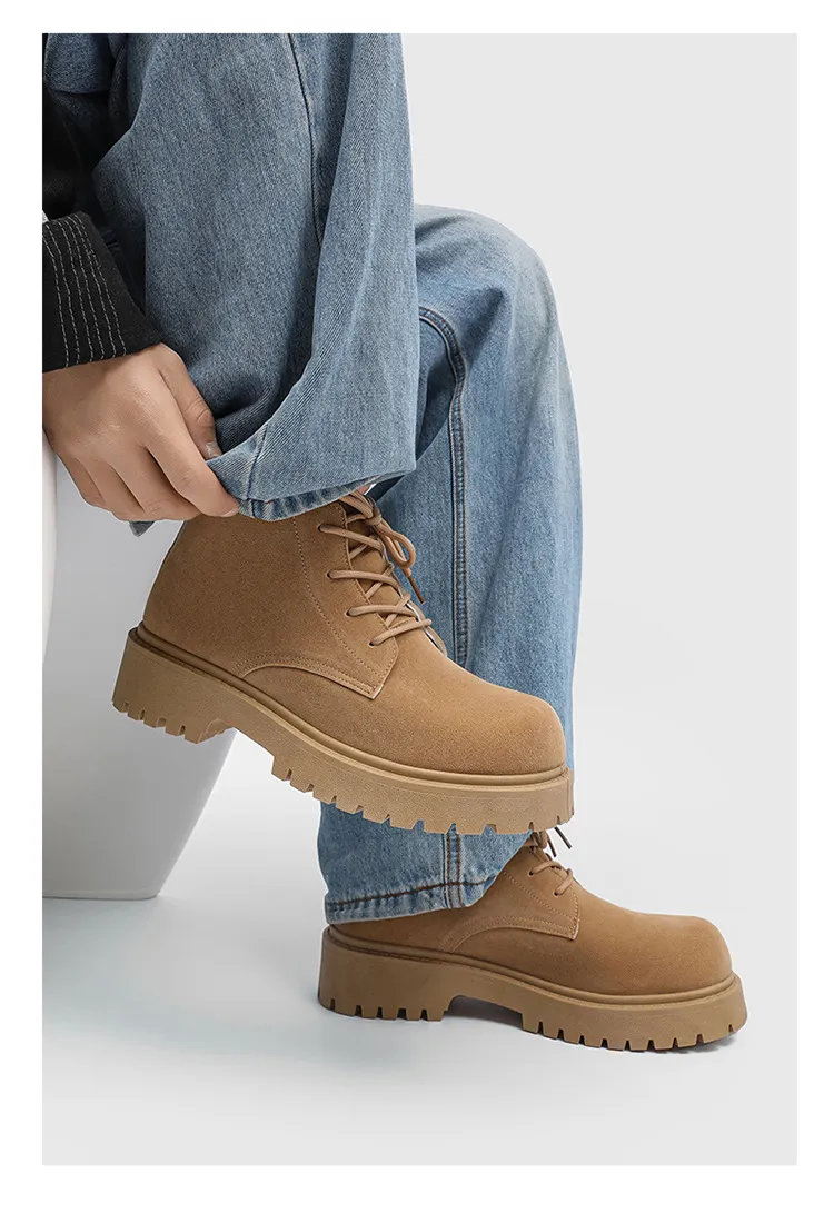 Men's High-Top Suede Derby Shoes - Autumn Fashion Work Boots with Thick Sole and Large Toe - Retro Trendy Yellow Boots showcase 19