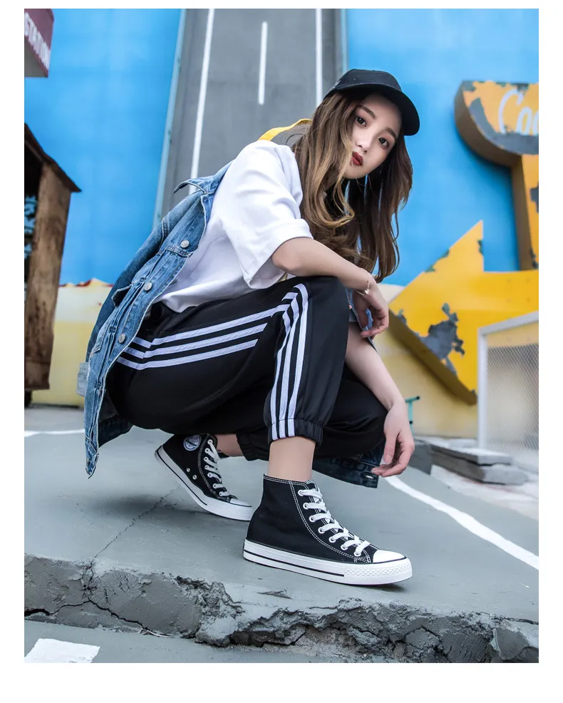 High Top Canvas Sneakers for Men and Women - Classic Black and White Pull-Back Casual Shoes - Comfortable Spring Style showcase 2