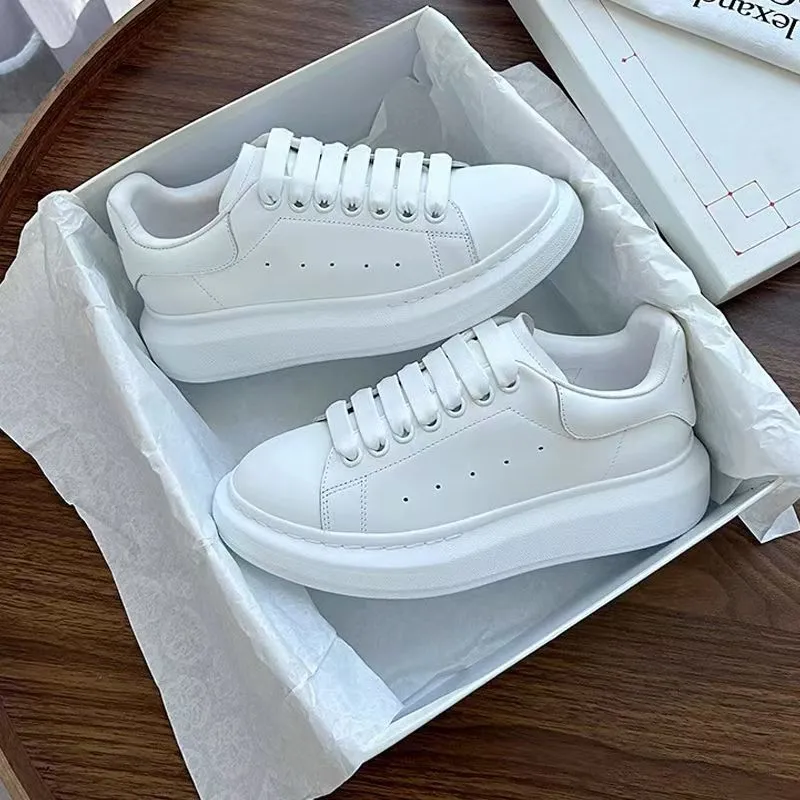 Alexander McQueen Inspired White Leather Sneakers for Men & Women - Thick Sole Height Increasing Fashion Casual Shoes - Premium Quality Putian Edition thumbnail 2