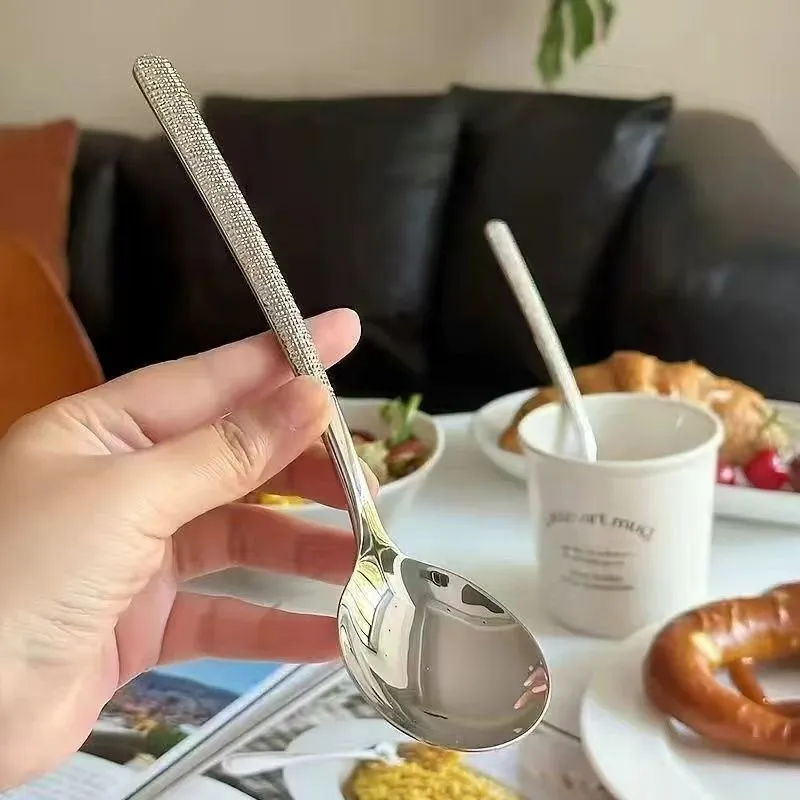 Korean Style Long Handle Soup Spoons - Stainless Steel Hammered Spoons for Home, Restaurant, and Western Food Dining - Set of 3 showcase 5