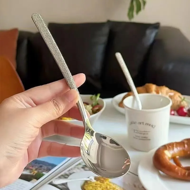 Korean Style Long Handle Soup Spoons - Stainless Steel Hammered Spoons for Home, Restaurant, and Western Food Dining - Set of 3 showcase 7