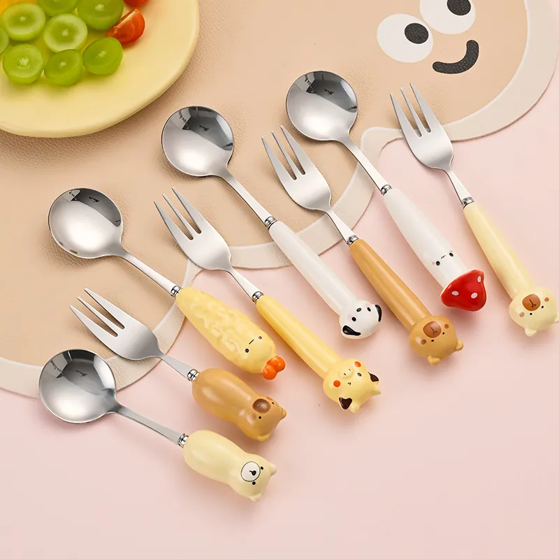 Cartoon Spoon and Fork Set for Kids - Portable Travel Cutlery with Storage Box - Toddler Feeding Utensils - Cute Design - Wholesale Available
