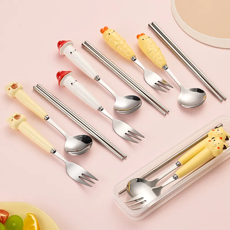 Cartoon Spoon and Fork Set for Kids - Portable Travel Cutlery with Storage Box - Toddler Feeding Utensils - Cute Design - Wholesale Available thumbnail 2
