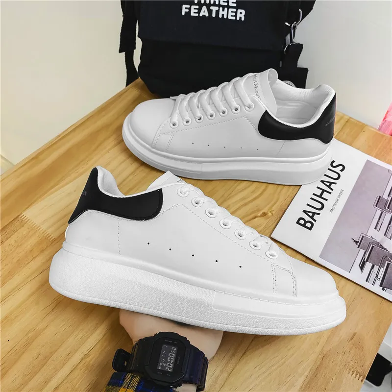 Unisex White Sneakers - PU Leather Slip-On Shoes for Men & Women - Thick Sole Height Increasing Fashion Trainers - 2025 New Model Versatile Style thumbnail 1