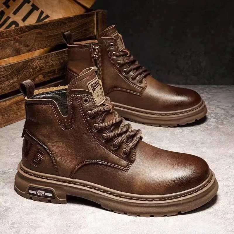 Men's High-Top Leather Martin Boots - American Style Casual Tooling Shoes for Autumn/Winter - Trendy Thick Sole Outdoor Work Boots thumbnail 1