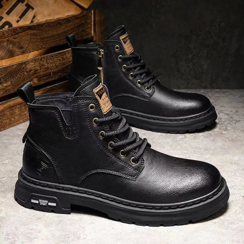 Men's High-Top Leather Martin Boots - American Style Casual Tooling Shoes for Autumn/Winter - Trendy Thick Sole Outdoor Work Boots thumbnail 2
