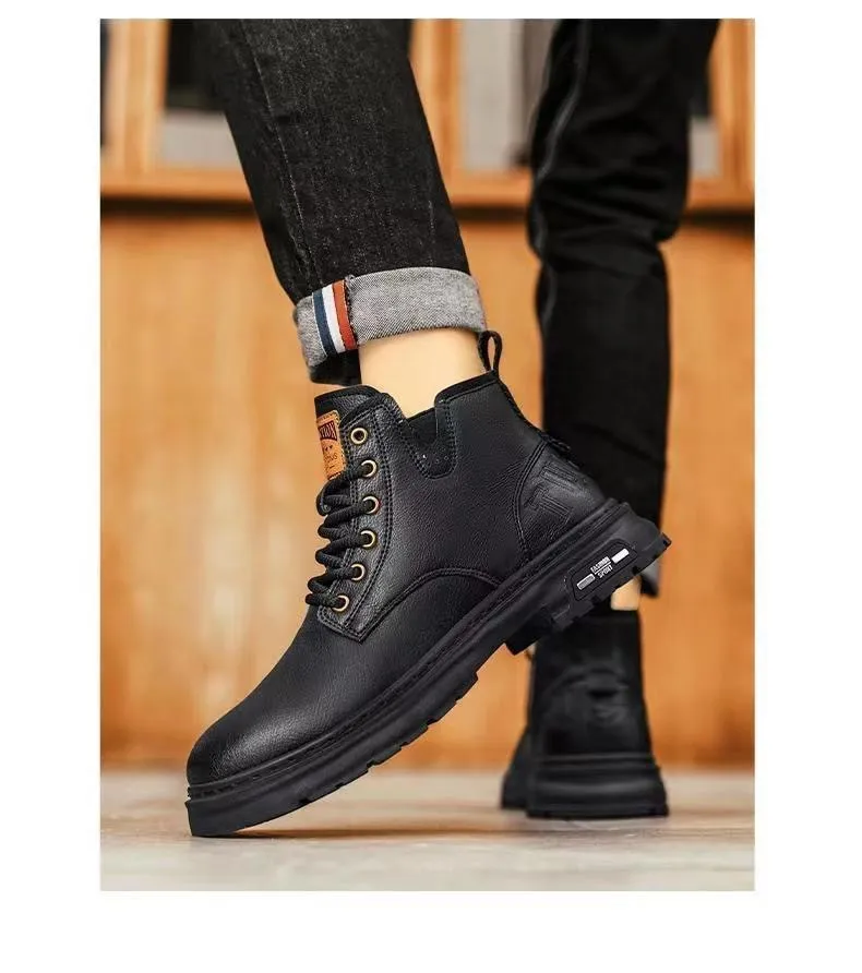Men's High-Top Leather Martin Boots - American Style Casual Tooling Shoes for Autumn/Winter - Trendy Thick Sole Outdoor Work Boots showcase 12
