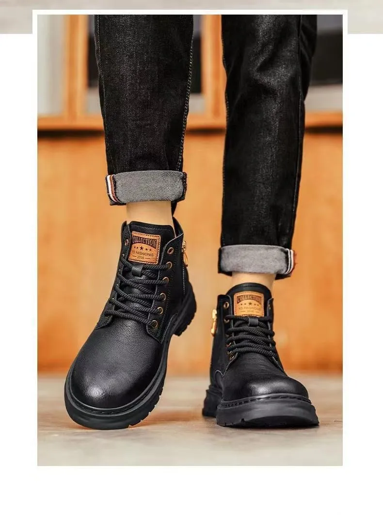 Men's High-Top Leather Martin Boots - American Style Casual Tooling Shoes for Autumn/Winter - Trendy Thick Sole Outdoor Work Boots showcase 13