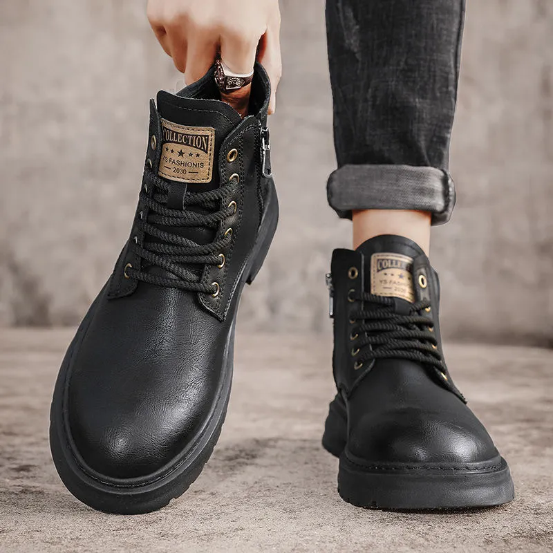 Men's High-Top Leather Martin Boots - American Style Casual Tooling Shoes for Autumn/Winter - Trendy Thick Sole Outdoor Work Boots thumbnail 4
