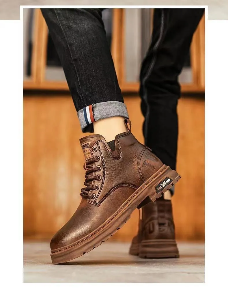 Men's High-Top Leather Martin Boots - American Style Casual Tooling Shoes for Autumn/Winter - Trendy Thick Sole Outdoor Work Boots showcase 10