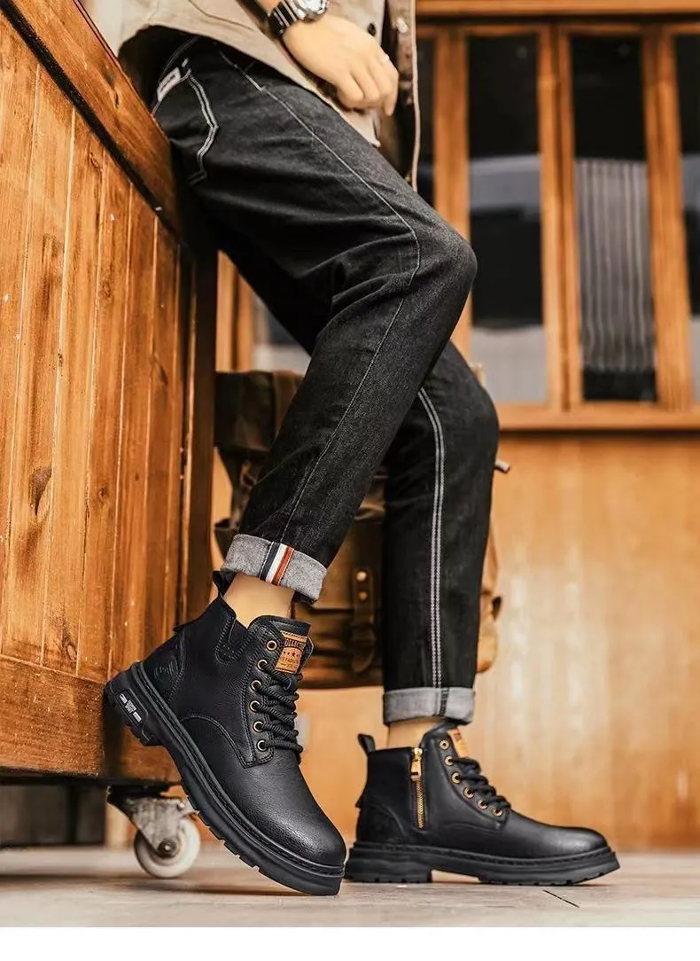 Men's High-Top Leather Martin Boots - American Style Casual Tooling Shoes for Autumn/Winter - Trendy Thick Sole Outdoor Work Boots showcase 11