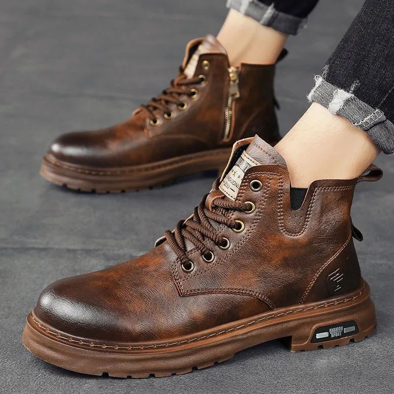 Men's High-Top Leather Martin Boots - American Style Casual Tooling Shoes for Autumn/Winter - Trendy Thick Sole Outdoor Work Boots thumbnail 3