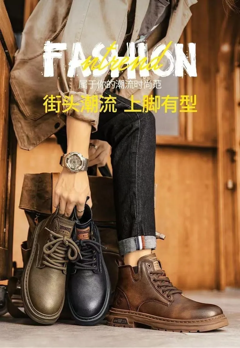 Men's High-Top Leather Martin Boots - American Style Casual Tooling Shoes for Autumn/Winter - Trendy Thick Sole Outdoor Work Boots showcase 1