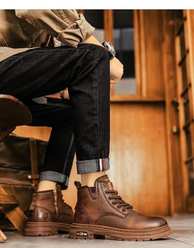 Men's High-Top Leather Martin Boots - American Style Casual Tooling Shoes for Autumn/Winter - Trendy Thick Sole Outdoor Work Boots showcase 9