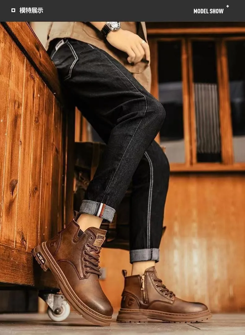 Men's High-Top Leather Martin Boots - American Style Casual Tooling Shoes for Autumn/Winter - Trendy Thick Sole Outdoor Work Boots showcase 8
