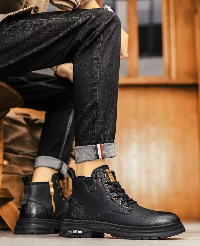 Men's High-Top Leather Martin Boots - American Style Casual Tooling Shoes for Autumn/Winter - Trendy Thick Sole Outdoor Work Boots showcase 14