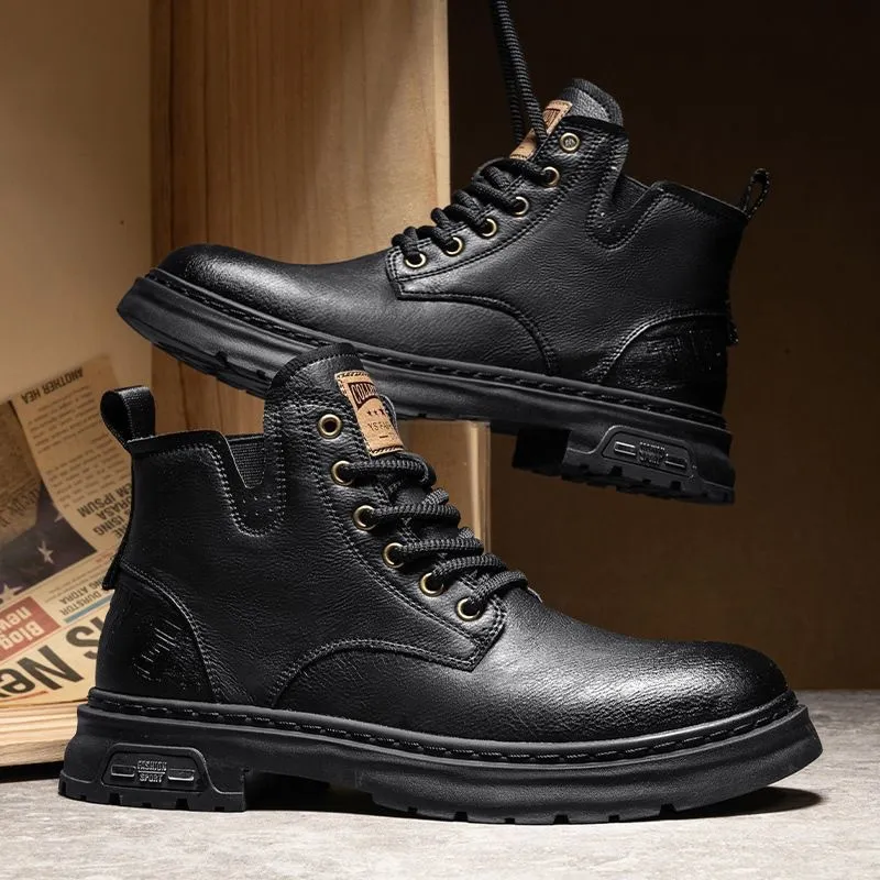 Men's High-Top Leather Martin Boots - American Style Casual Tooling Shoes for Autumn/Winter - Trendy Thick Sole Outdoor Work Boots showcase 16