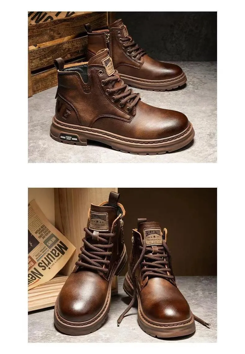 Men's High-Top Leather Martin Boots - American Style Casual Tooling Shoes for Autumn/Winter - Trendy Thick Sole Outdoor Work Boots showcase 2