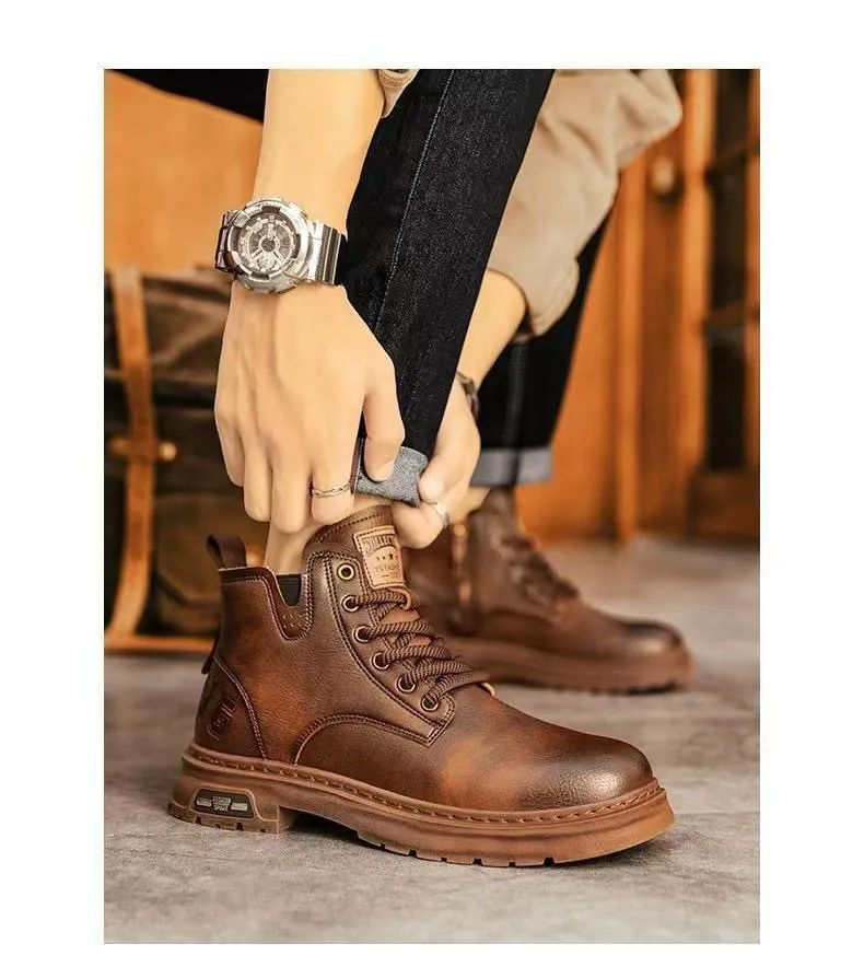 Men's High-Top Leather Martin Boots - American Style Casual Tooling Shoes for Autumn/Winter - Trendy Thick Sole Outdoor Work Boots showcase 7