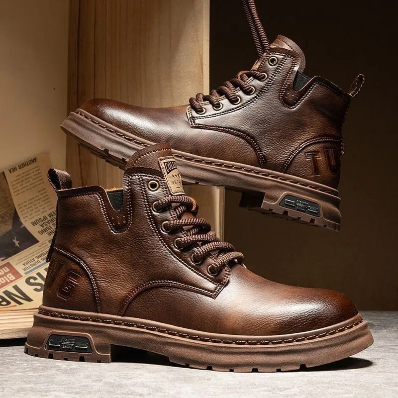 Men's High-Top Leather Martin Boots - American Style Casual Tooling Shoes for Autumn/Winter - Trendy Thick Sole Outdoor Work Boots showcase 15