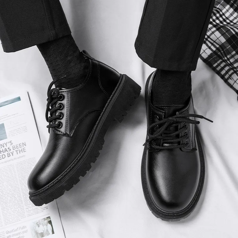 Men's Leather Dress Shoes British Style Business Casual Height Increasing Waterproof Soft Sole Black Big Toe Shoes for Autumn thumbnail 2