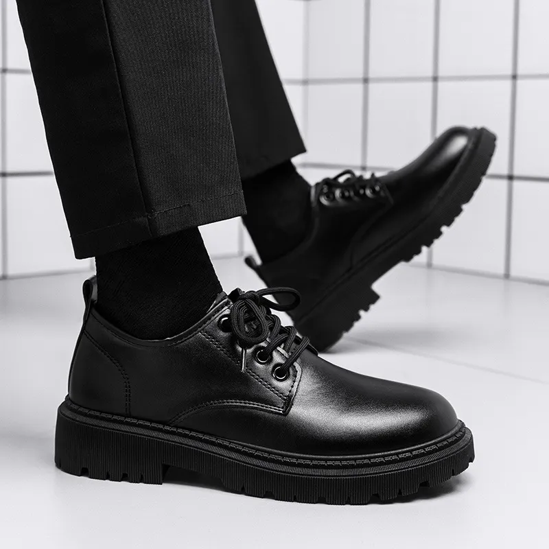Men's Leather Dress Shoes British Style Business Casual Height Increasing Waterproof Soft Sole Black Big Toe Shoes for Autumn thumbnail 4