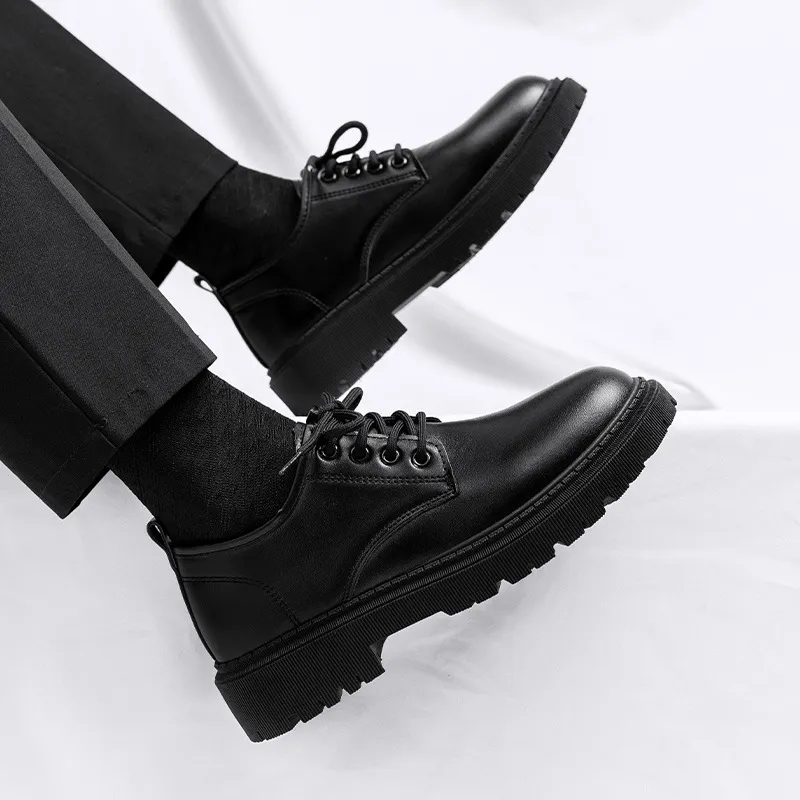 Men's Leather Dress Shoes British Style Business Casual Height Increasing Waterproof Soft Sole Black Big Toe Shoes for Autumn thumbnail 6