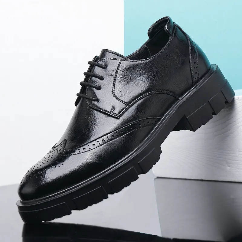 Men's Height Increasing Leather Dress Shoes - 10cm/8cm Elevator Shoes for Business, Casual, Wedding, Groom - Vintage British Style Trendy Footwear thumbnail 1