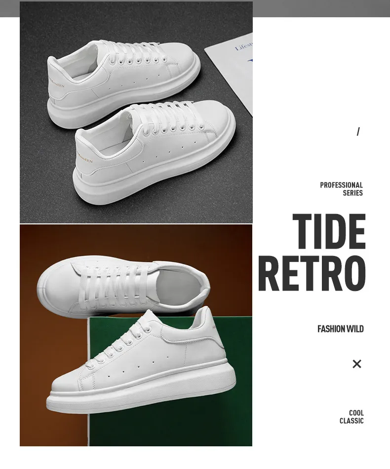 Men's Fashion Sneakers - McQueen Style Height Increasing Lightweight Casual White Shoes - Korean Couple Style Flat Heel Trainers showcase 12