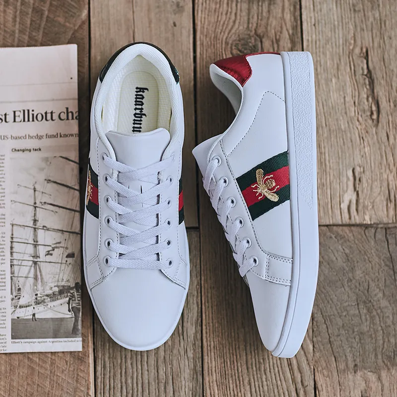 Men's and Women's White Sneakers with Embroidered Bee Design - Trendy Casual Shoes, High Quality, All-Match Style, European Fashion thumbnail 4