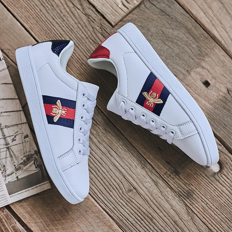 Men's and Women's White Sneakers with Embroidered Bee Design - Trendy Casual Shoes, High Quality, All-Match Style, European Fashion thumbnail 7
