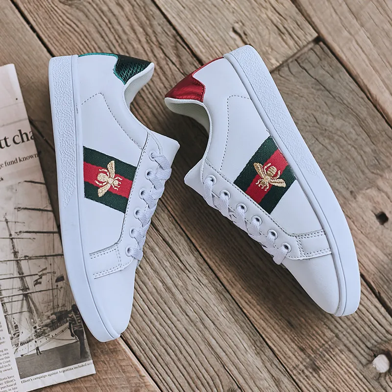Men's and Women's White Sneakers with Embroidered Bee Design - Trendy Casual Shoes, High Quality, All-Match Style, European Fashion thumbnail 6