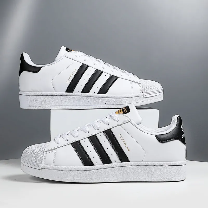 Gold Label Shell Toe White Sneakers - Trendy Fashion Unisex Low-Top Comfortable Middle School Shoes with Three Stripes thumbnail 1