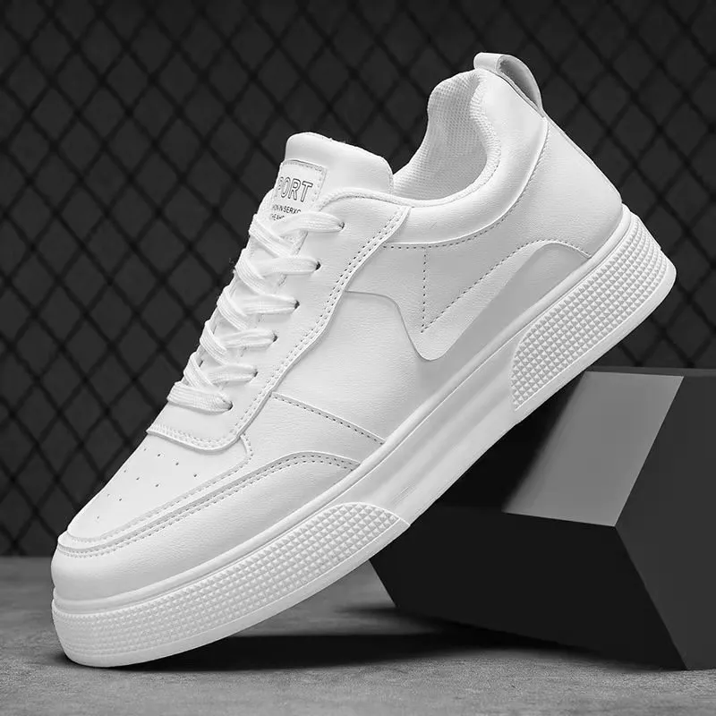 Men's Leather Casual Sneakers Trendy Plus Size Breathable Walking Shoes Thick Sole All-Match Fashionable White Board Shoes for Men thumbnail 2