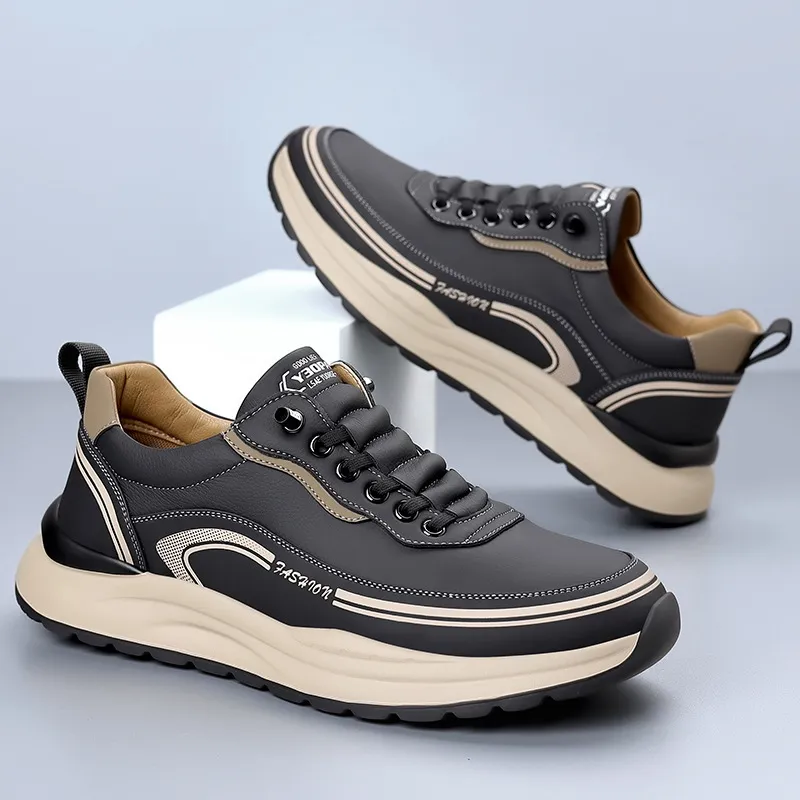 Men's Leather Casual Shoes - Wholesale Thick Sole Lightweight Breathable Sneakers - Waterproof Slip-On Foreign Trade Footwear for Men thumbnail 3