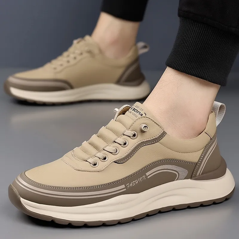 Men's Leather Casual Shoes - Wholesale Thick Sole Lightweight Breathable Sneakers - Waterproof Slip-On Foreign Trade Footwear for Men thumbnail 2
