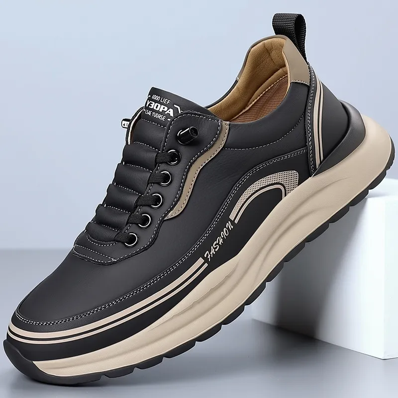 Men's Leather Casual Shoes - Wholesale Thick Sole Lightweight Breathable Sneakers - Waterproof Slip-On Foreign Trade Footwear for Men thumbnail 1