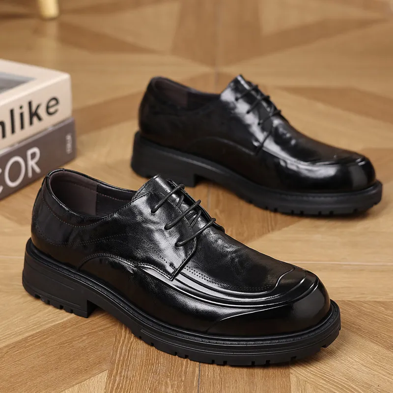 Men's Genuine Leather Derby Dress Shoes - First Layer Cowhide, Comfortable Wide Toe, Autumn Fashion, Classy Wedding Groom Shoes thumbnail 1